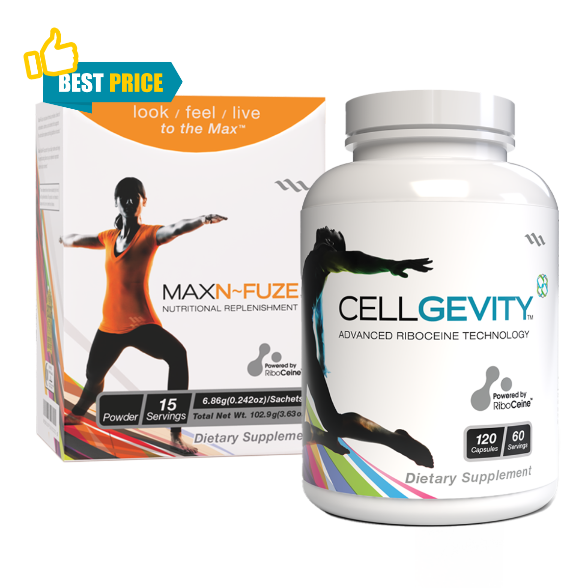 Image of a bottle of Cellgevity and a box of MaxN~Fuze