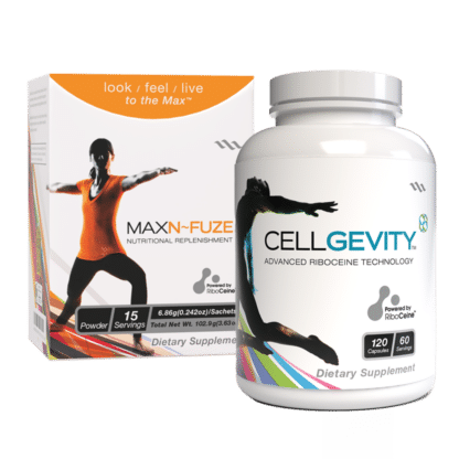 Image of a bottle of Cellgevity and a box of MaxN~Fuze